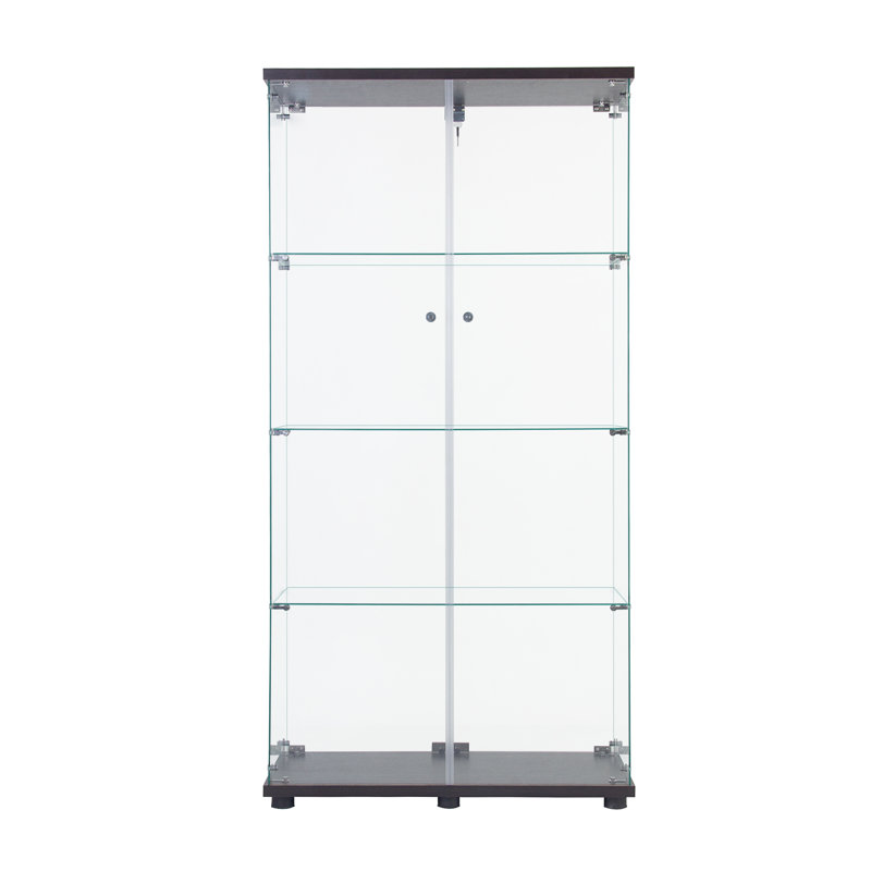 Two Door Glass Cabinet Glass Display Cabinet With 4 Shelves, Black