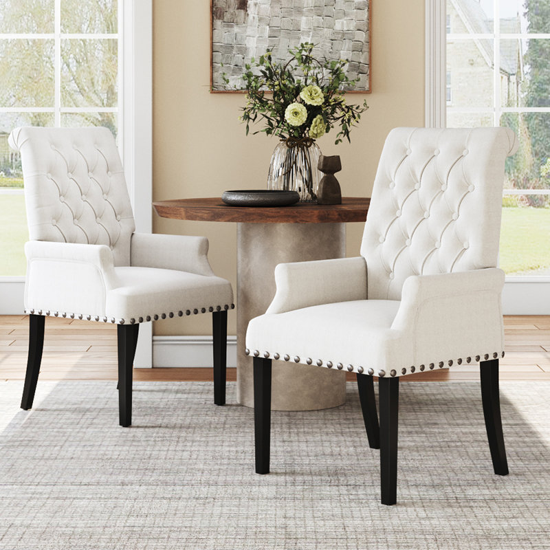 Duponta 49.5cm H Tufted Linen Upholstered Wing Back Armchair Dining Chair, Beige