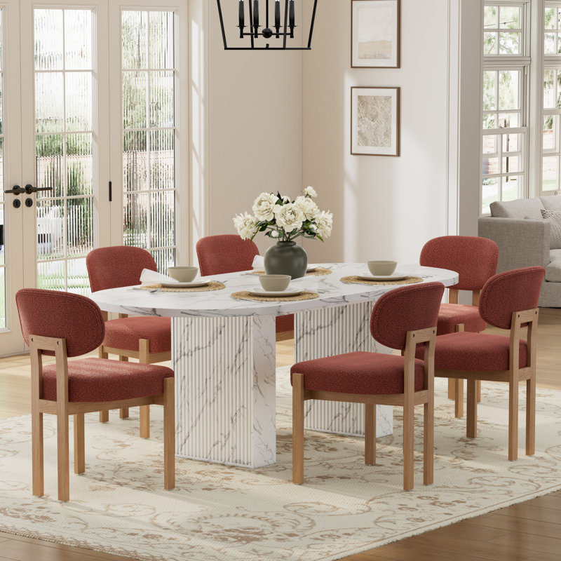 Ensemble de table de cuisine ovale à double piédestal, 7 Pieces: Table, 6 Chairs, Orange