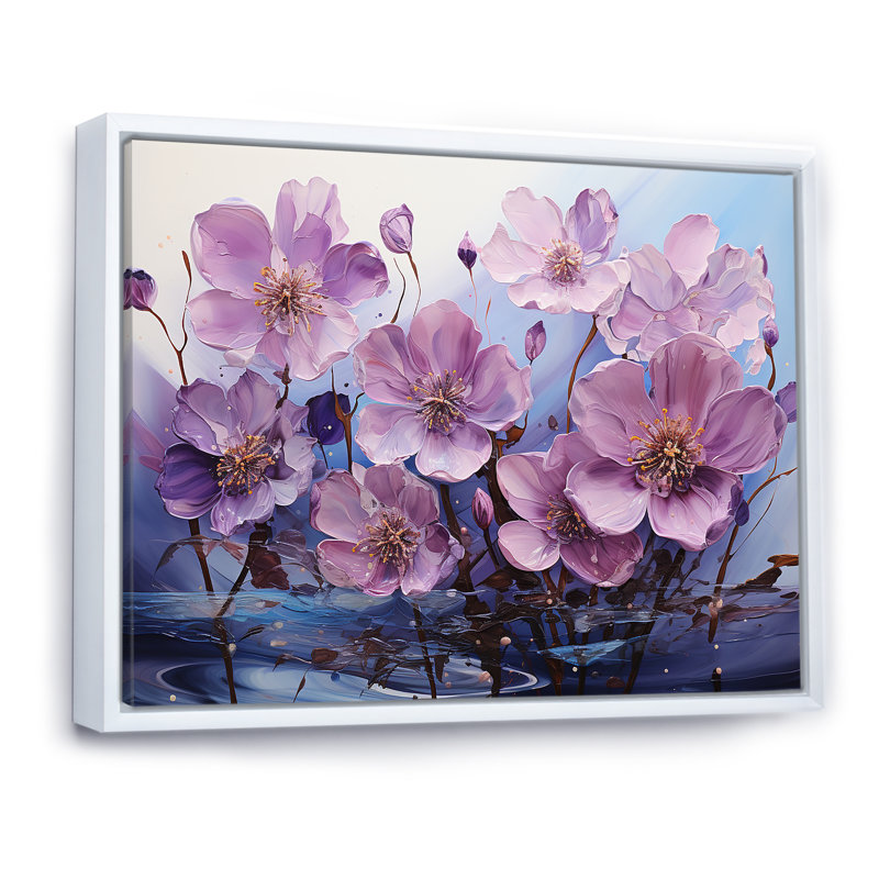 " Violet Flower Meadow Harmony I ", Floater Framed White, 12" H x 20" W x 1" D