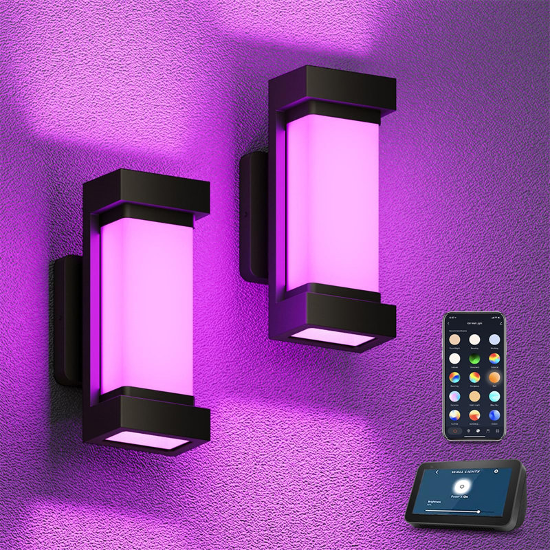 Black Aluminum Smart LED Outdoor Wall Sconce, Wi-Fi Control, 2 Pack