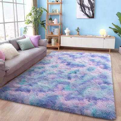 Shag Area Rugs for Living Room, 6x9 ft Soft Fluffy Rugs for Bedroom, Nursery, Kids Room Home Decor, Tie-Dyed Blue Rainbow