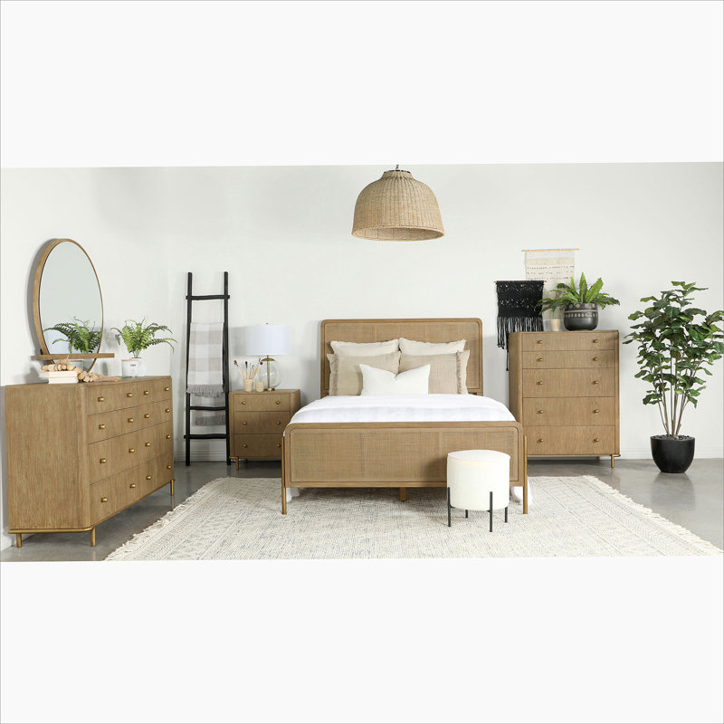 Natural Cane 5-piece Bedroom Set, Natural, Queen, 5 Pieces: Bed, Nightstand, Dresser, Chest, Mirror