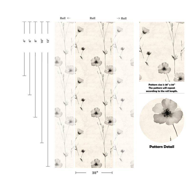 Papier peint amovible Minimalist Elegant Blooms, L 48 po x l 38 po