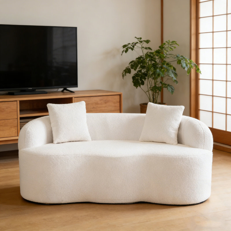 Causeuse courbée avec accoudoirs ronds et 2 coussins, Blanc