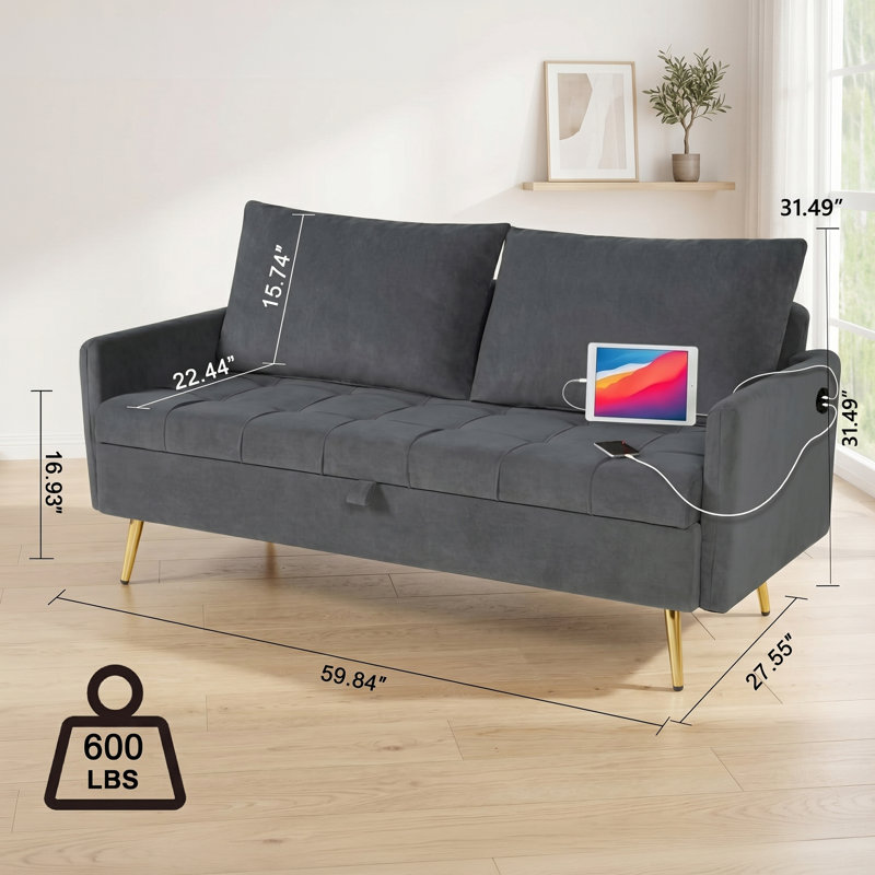 Canapé de rangement l 60 po avec 2 ports de chargement USB