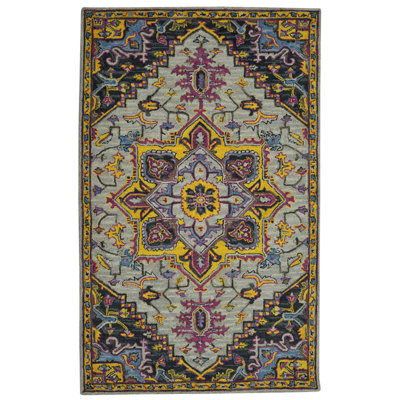 8' X 11' Gray Purple And Gold Wool Medallion Hand Tufted Area Rug