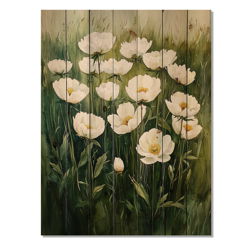 Peonies In The Open Grass Field II - Peonies Wood Wall Decor - On Natural Pine Wood, 40" H x 30" W x 0.78" D