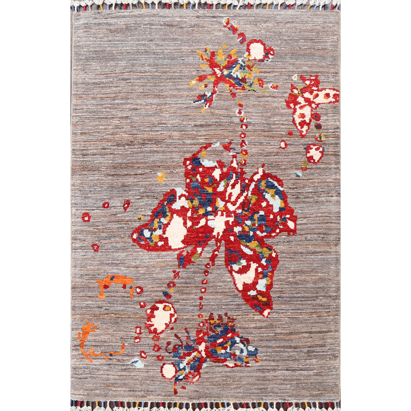 Tapis gris en laine noué à la main de conception unique 2 pi 9 po x 3 pi 11 po Lucie-Mae