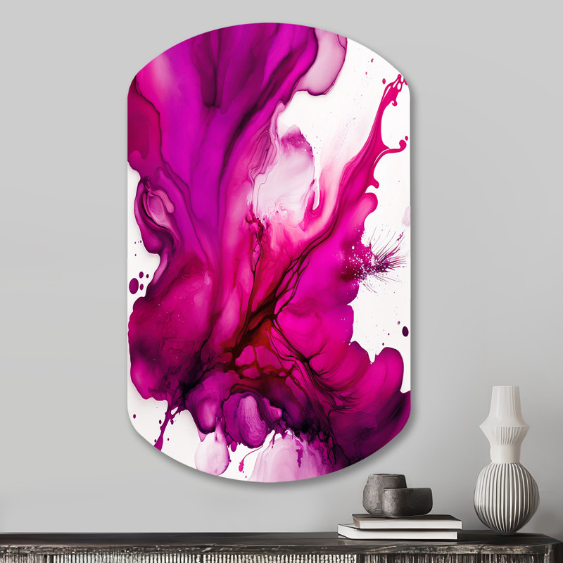 Ancien mystère in Viva magenta II - Art mural asymétrique abstrait en forme de cylindre à encre liquide, H 31 po x l 19 po