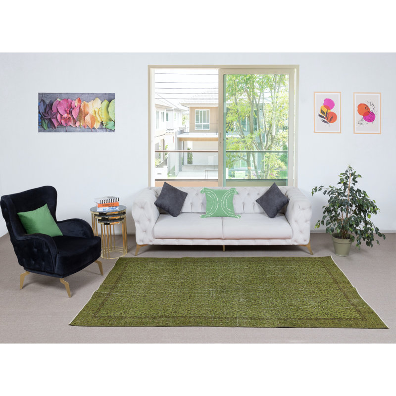 Tapis vert en laine à motif floral fabriqué à la main 5,2 x 8,7 pi de couleur verte