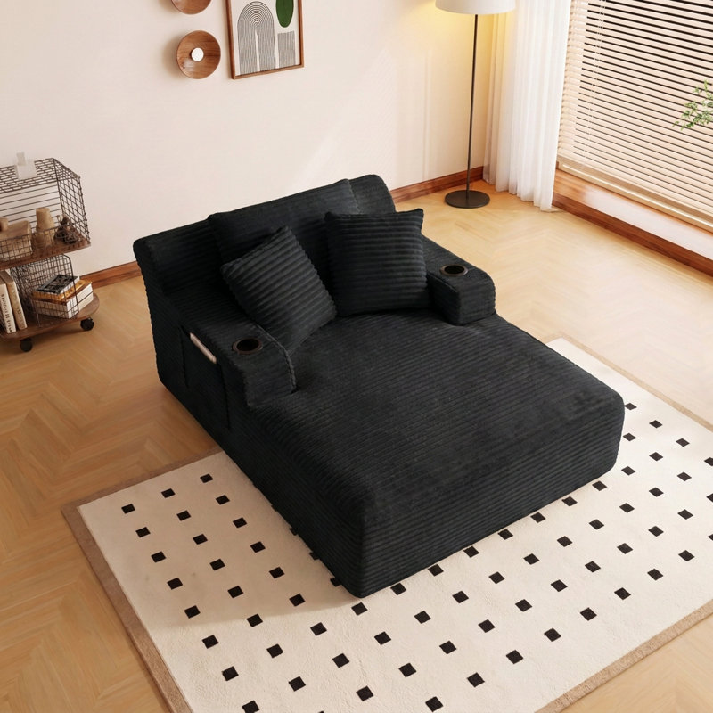 Chaise longue convertible surdimensionnée moderne, support de ressorts ensachés ergonomique, aucun assemblage requis, Noir