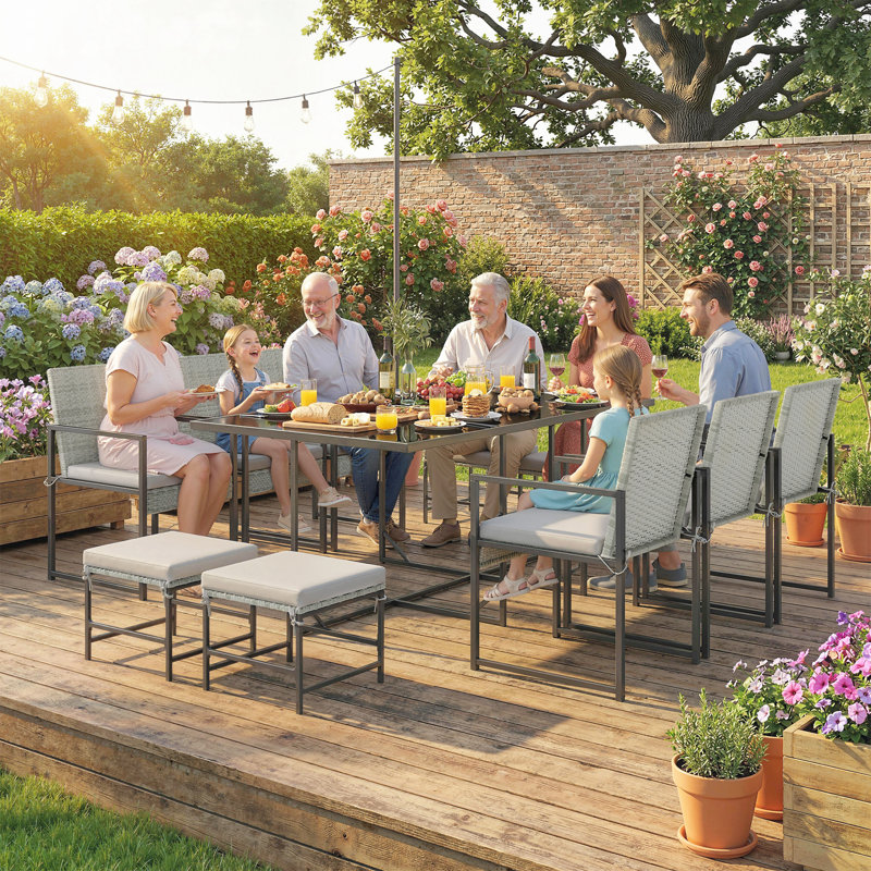 Ensemble repas 11 pièces pour patio avec coussins amovibles, gris clair
