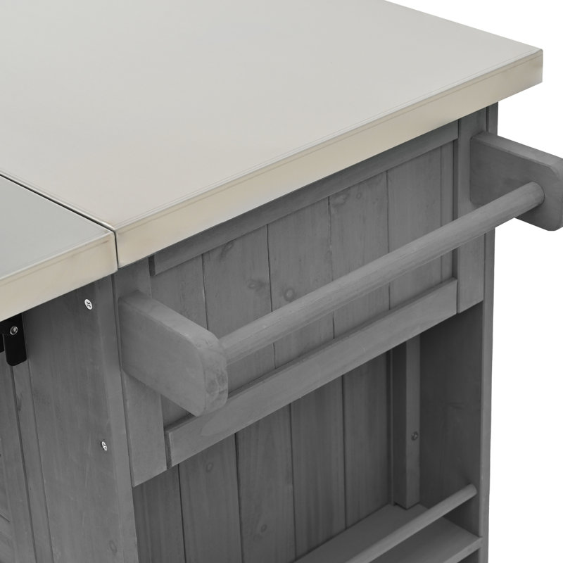 Îlot de cuisine extérieur gris - Bois de sapin massif et acier inoxydable, plateau de table pliable, solutions de rangement, porte-serviettes, ouvre-bouteille encastré Spice, roues verrouillables pour plus de fonctionnalité et de mobilité