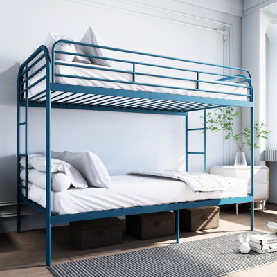 Lit superposé simple au-dessus de bleu en métal, 2 échelles, rail pleine longueur, sans sommier, idéal pour un lit de gestion de l'espace de chambre à coucher avec rails doubles, sommeil confortable, économie