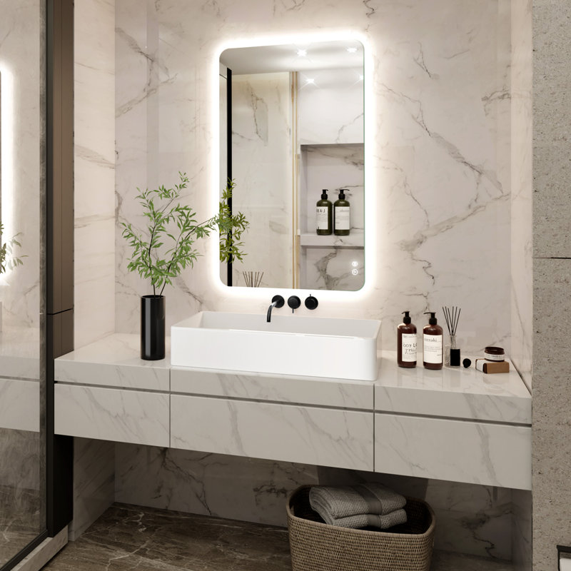 Soft Rounded Frameless Backlit LED Bathroom Vanity Mirror, Dimmable, Anti-Fog, 3 Color Temperatures, Tempered Glass, UL/ETL Certified