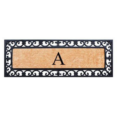 Albertina Natural Coir & Rubber Myla Paisley Monogram Door Mat, 18"x48", Black, Heavy-Duty Outdoor Front Porch Entrance Doormat