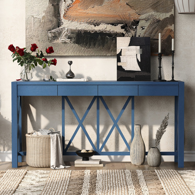 Table de chambre à coucher en placage de 60 pouces avec 4 tiroirs spacieux, design, base ouverte pour console, cuisine de rangement moderne