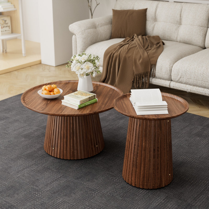 Ensemble de 2 tables basses rondes, grandes et petites tables centrales et d'appoint en bois, finition noyer moderne pour le salon et le bureau
