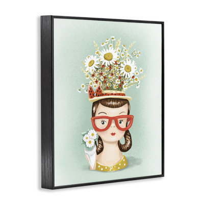Vintage Planter Girl with Daisies Framed Giclee, design by Jilly Jack Designs