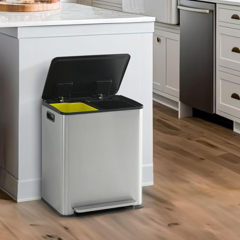 Poubelle double 2 x 6,6 gallons avec couvercle simple CAPHAUS, 2 compartiments, noir / argent, Argent argent, 13,2 gallons