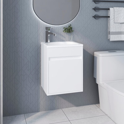 Contemporary Bathroom Vanity: White Floating With Sink And Single Door, Wall - Mounted Space Saving, Clean Finish Vanity Integrated 1 Saving Modern Look
