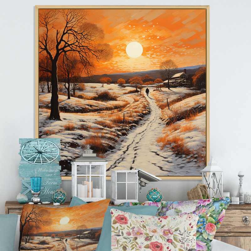 «Orange White Winters Glow Pointillism», reproduction sur toile, Cadre naturel flottant, 36" H x 36" W