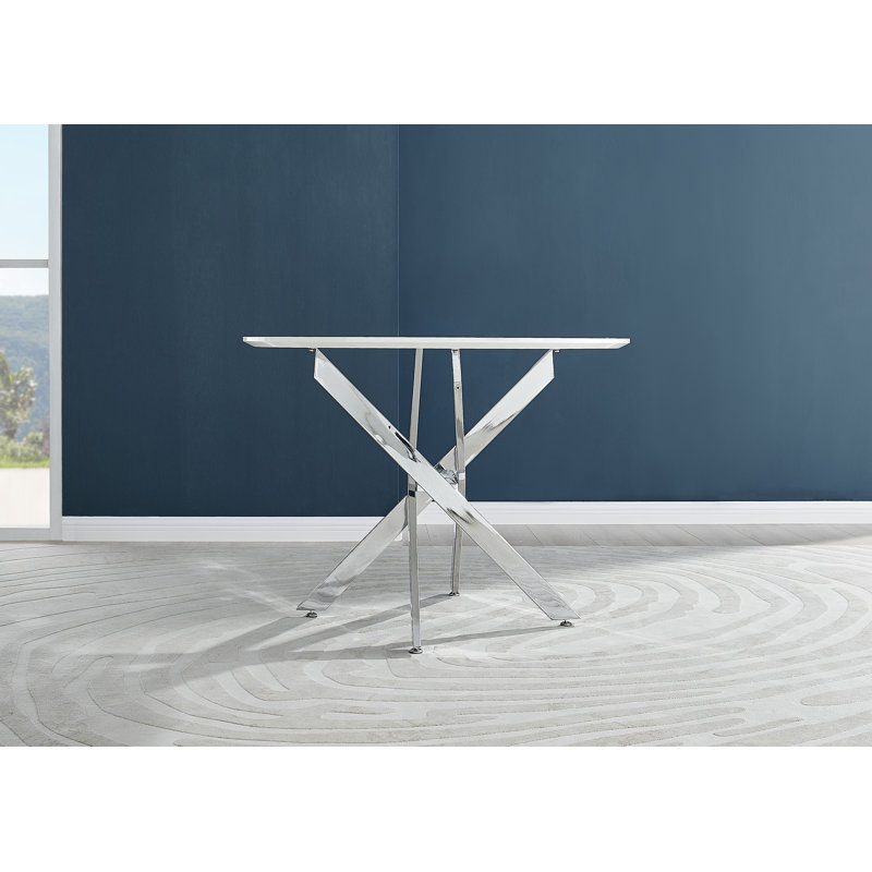 Tierra Modern Chrome Metal & Glass Round Dining Table Set with 4 Upholstered Faux Leather Chairs, Mustard/Silver