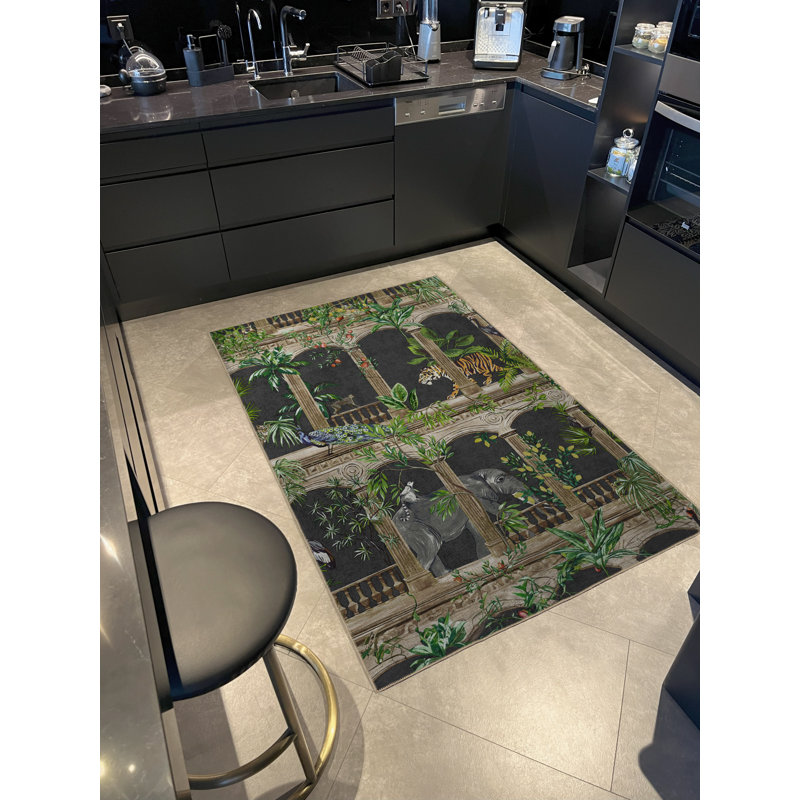 Multi-Coloured Zoo Concept Tiger, Elephant, and Vine Patterned Modern Decorative Rug, Runner 3'11" x 9'10"