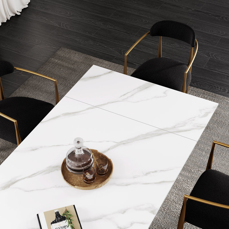 Table de salle à manger extensible Modern, Blanc montagne enneigée, Doré