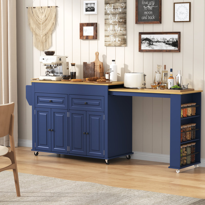 80.63" Extendable Kitchen Island With Power Outlet, 2 Storage Drawers, Open Shelves, Blue