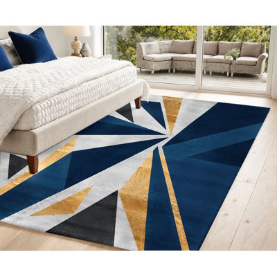 Tapis de style géométrique abstrait, motif triangulaire bleu, or, noir et blanc, design d'art moderne, tapis de sol antidérapant, décoration intérieure élégante pour salon, chambre, entrée, cuisine, balcon, appartement