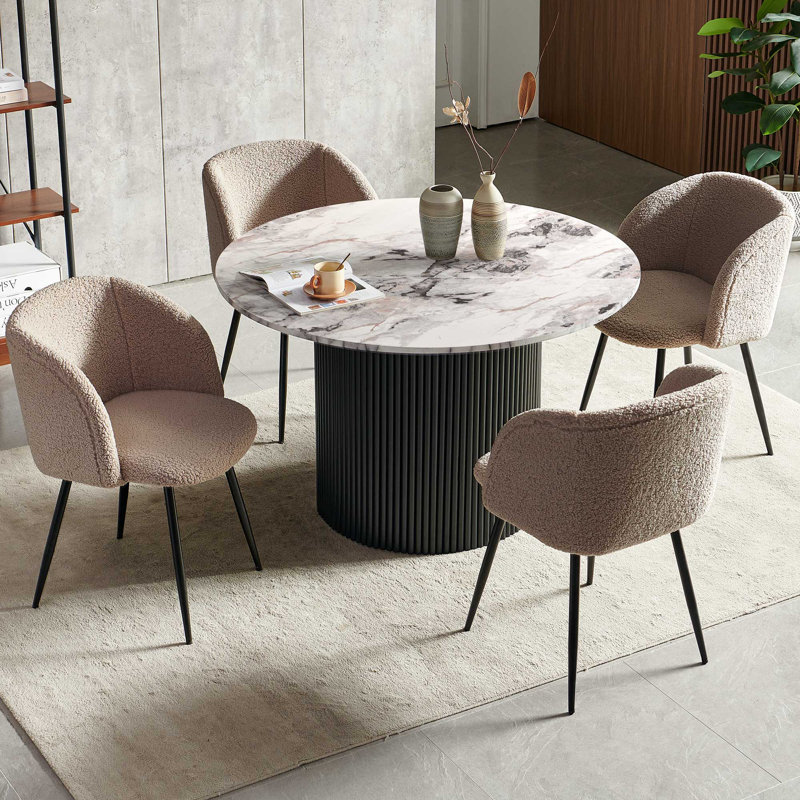 Round Table With Set Of Four Barrel Chairs, Black, Brown, White Marble