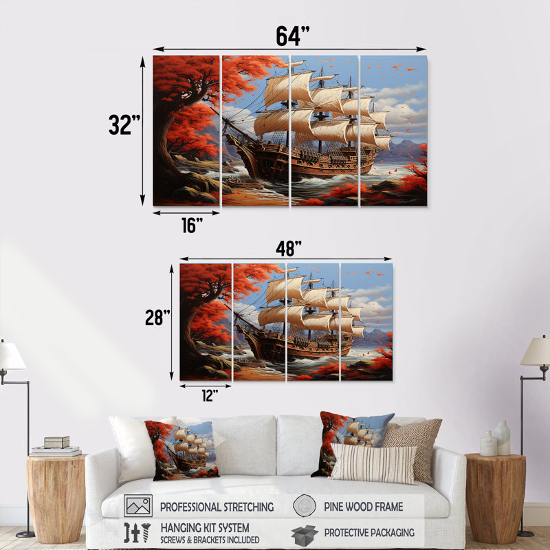 Antilles caribéennes II - pirate, art mural 4 pièces, H 32 po x l 64 po