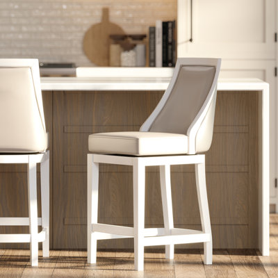Tabouret de comptoir pivotant, H 26 po, structure blanche, siège en similicuir gris, rotation de 180 degrés avec retour automatique, espace de siège spacieux de l 18,5 po x P 17 po, fabrication articulée, gardes de plancher en plastique de 26 po
