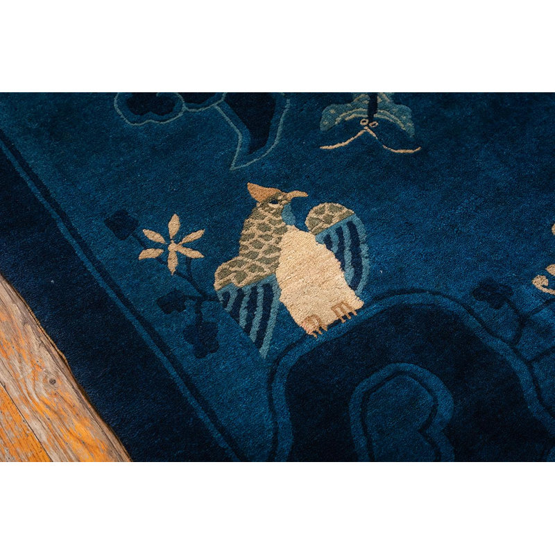 1920s Antique Deep Blue Field Pictorial "Shan Shui" Knotted Chinese Peking Rug