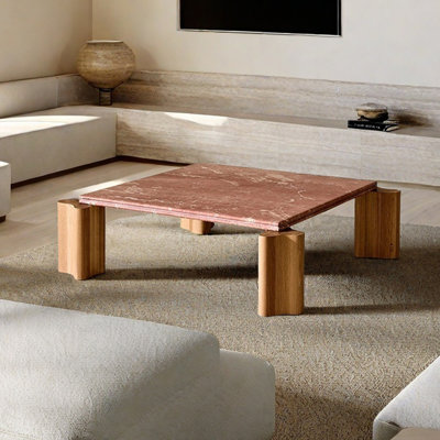 Table de salon carrée en bois massif avec trou en pierre