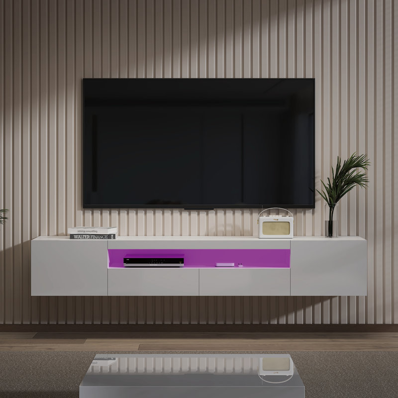 Modern Floating LED TV Stand Up to 80" TVs, High Gloss Wall-Mounted Media Console with Storage for Living Room, White