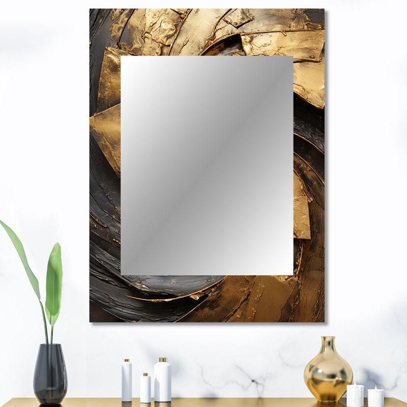 Gold Black Timeless Turn IV - Abstract Spirals Wall Mirror, Gold Decorative Mirror, Printed Metal Art, 40" x 30"
