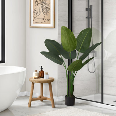 Oiseau de paradis artificiel de 112 cm, plante décorative d'intérieur en pot avec feuilles vertes dans un pot noir