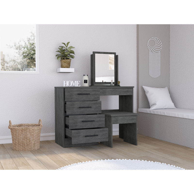Coiffeuse Kaia, quatre tiroirs, un miroir et un tabouret - chêne Smokey