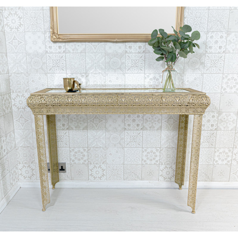 Onaga Embossed Metal & Glass Moroccan Style Console Table, Gold