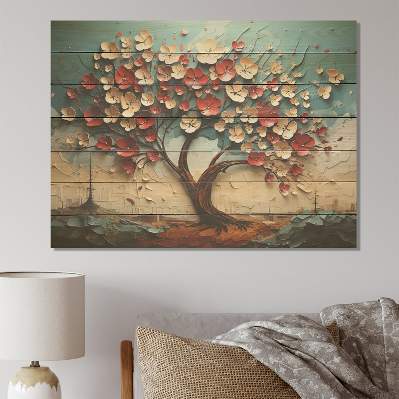 Arbre de fleurs rouges et dorées au clair de lune Beauté III - Arbre sur bois, H 10 po x l 20 po