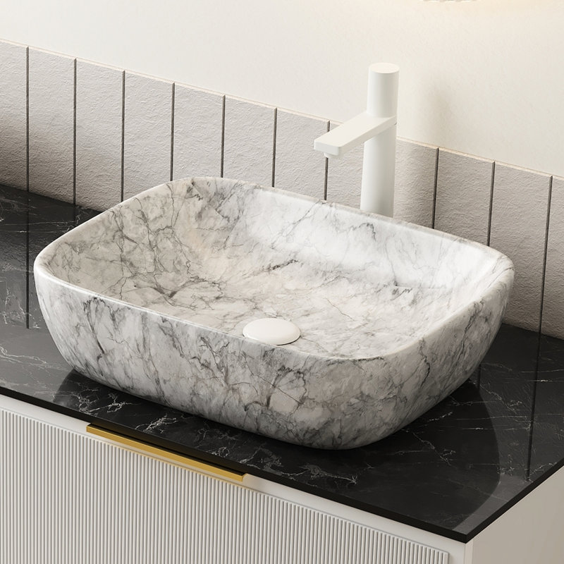 White Marble Style 19'' Ceramic Bathroom Sink Without Cabinet, Stone Gray, And Stain - Solution, Long Term Usage, 19.25 In Deep, 15.47 Wide, 5.63 High With Pattern, No Excellent Durability