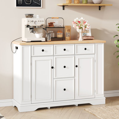 Buffet avec rangement, console de cuisine avec 5 tiroirs, 2 armoires, tablettes réglables, buffet pour la salle à manger, le salon et le vestibule (blanc)