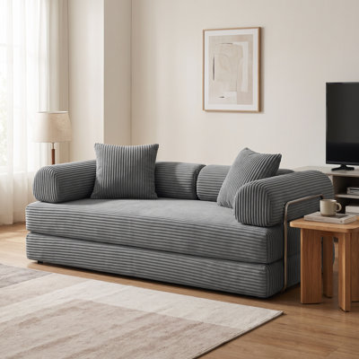 Black 78.8" Compression Convertible Floor Sofa Bed - Corduroy Loveseat With Pillow, Back Support & Armrests For Living Room & Bedroom
