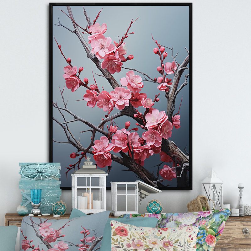 Fleurs de cerisier rose fin de l'hiver II - art mural cerisier en fleurs, Cadre flottant noir, H 32 po x l 24 po x P 1 po