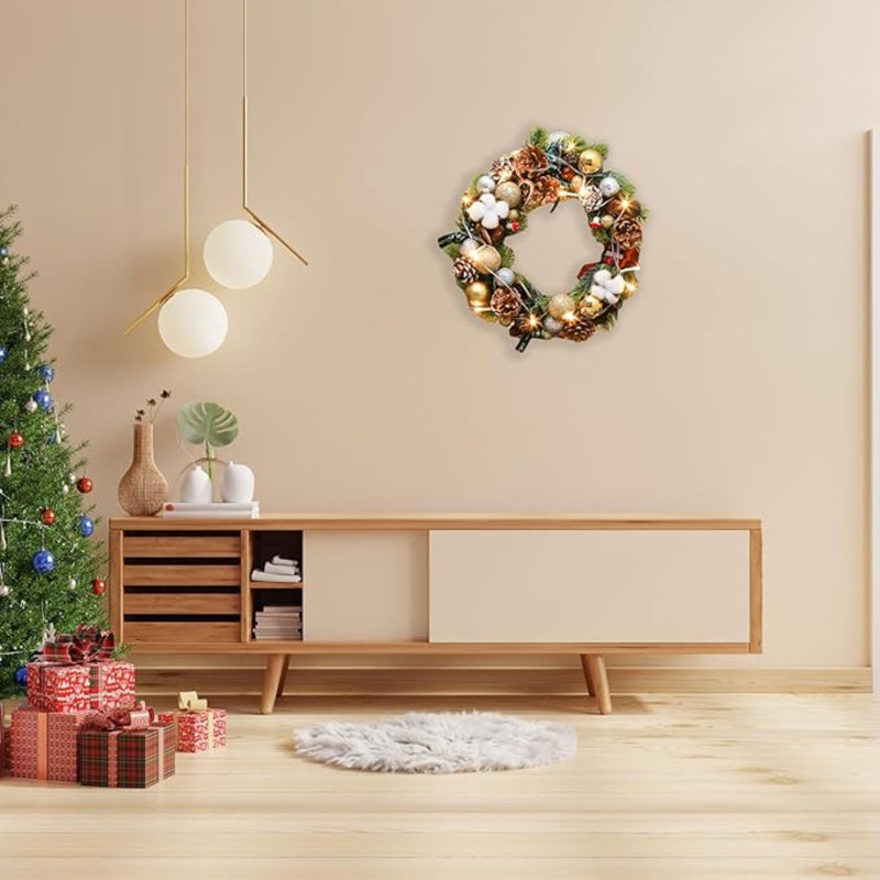 Couronne de Noël artificielle pré-éclairée, couronnes de Noël éclairées pour la porte d'entrée, couronne de Noël intérieure et extérieure pour les décorations de Noël