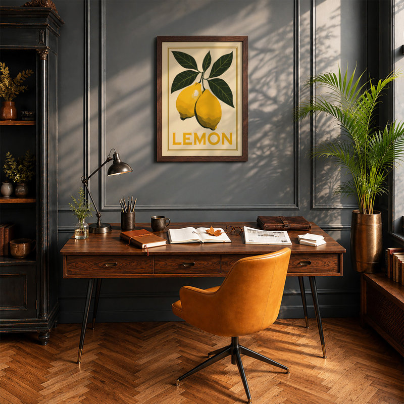 Lemon Study Botanical - Framed Print, A2 - 59.4 x 42.0 cm, Walnut