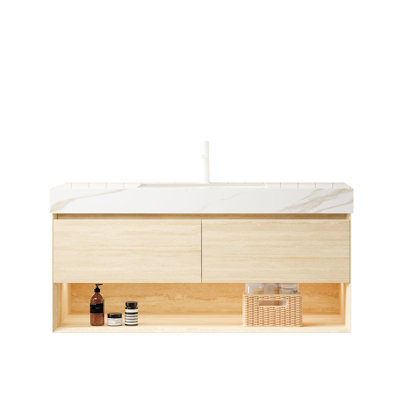 Meuble-lavabo flottant de 48 pouces avec lavabo en céramique incrusté, plateau en pierre frittée épaisse, armoire de rangement en contreplaqué, tiroirs et comptoir d'éclairage à capteur, lavabo encastré, tiroirs, tablette activée